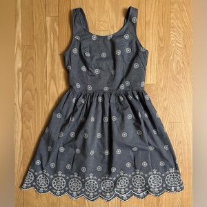 SO Embroidered Denim-Look A-Line Cotton Sleeveless Dress, Blue/White, Size M